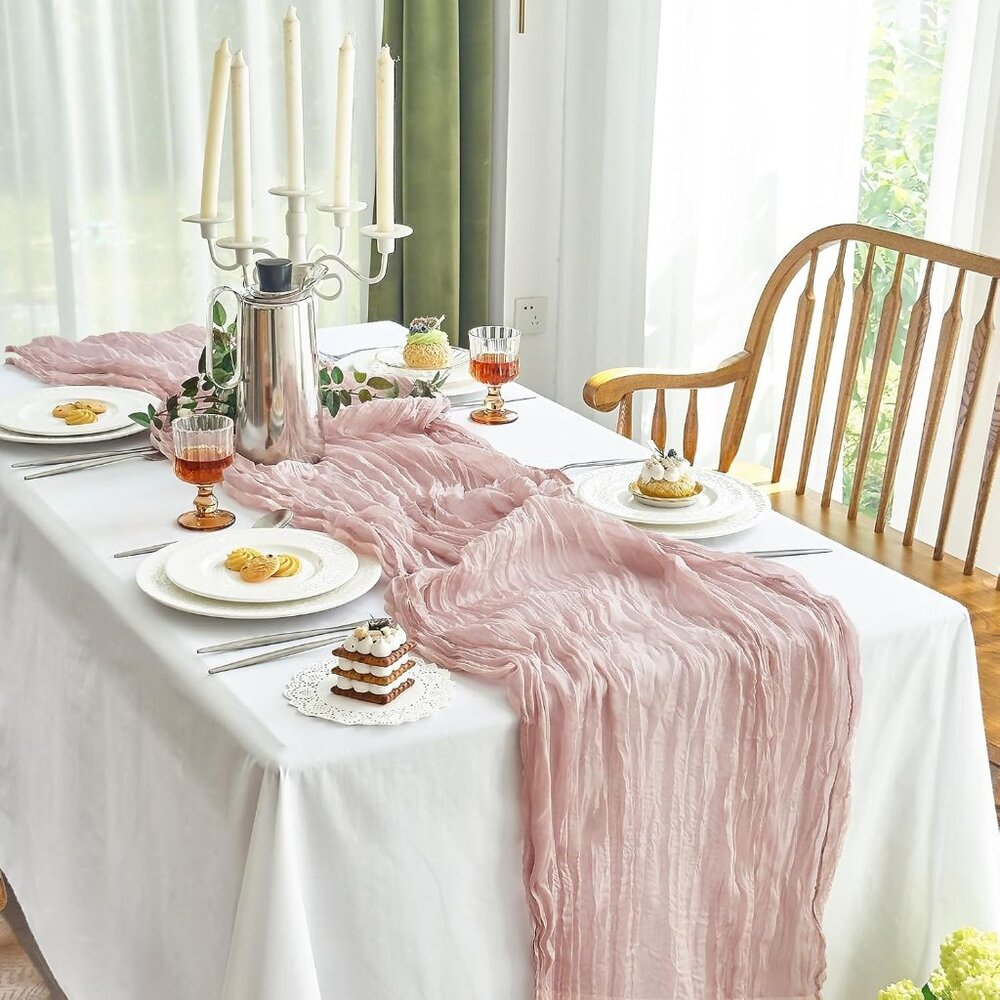 2 Pcs Cheesecloth Table Runner 120 Inch 10 FT Boho Gauze Pink Cheesecloth Table - Picture 7 of 7